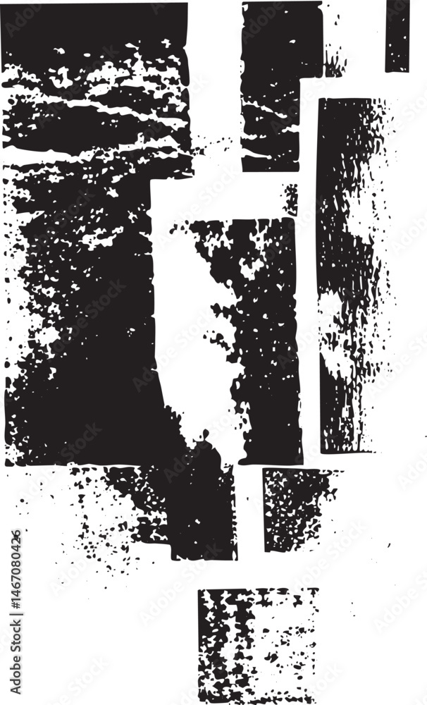 Poster fragmented black and white shapes create a dynamic textured composition.