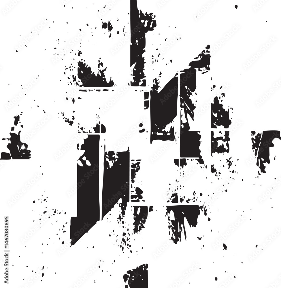 Poster fragmented black shapes create a dynamic abstract composition.