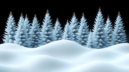 Snowy landscape featuring a row of frosted evergreen trees against a black background