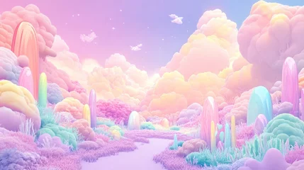 Photo sur Plexiglas Pastel landscape with whimsical clouds, plants, and a stream.