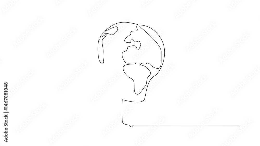 Poster animated self drawing of one single line drawing of light bulb lamp with earth globe surface. world 