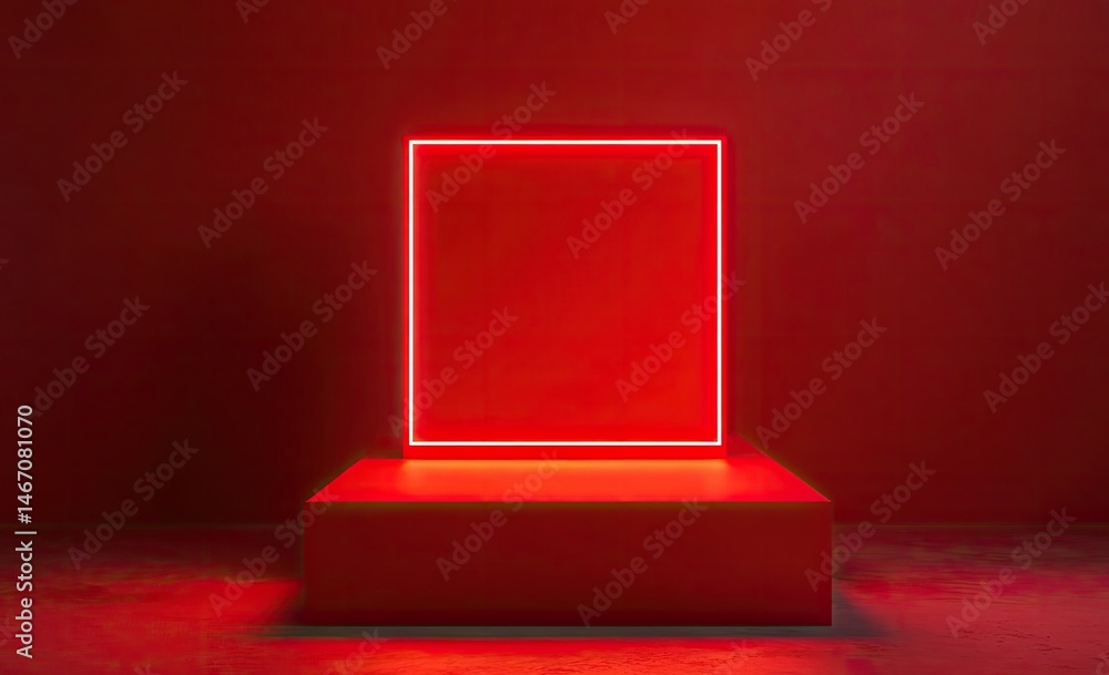 Aufkleber a vibrant. illuminated pink neon square frame positioned on a sleek platform against a smooth wall. 