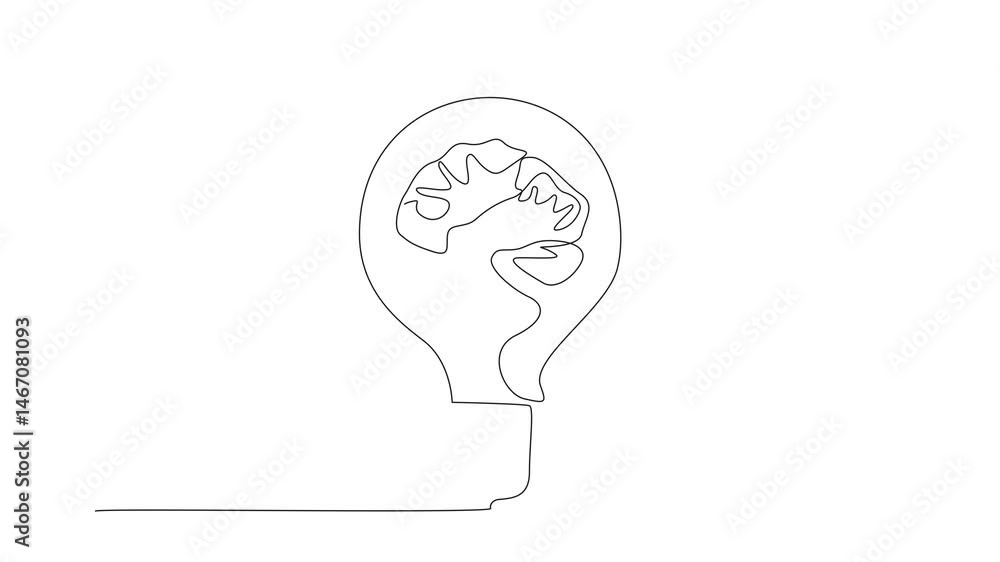 Poster self drawing animation of one single line drawing of human brain inside the light bulb lamp. world l