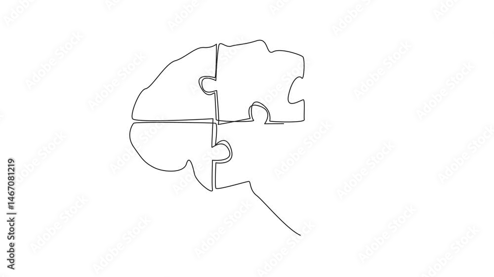 Aufkleber world logic day. self drawing animation of one continuous line drawing of human brain made up of puz