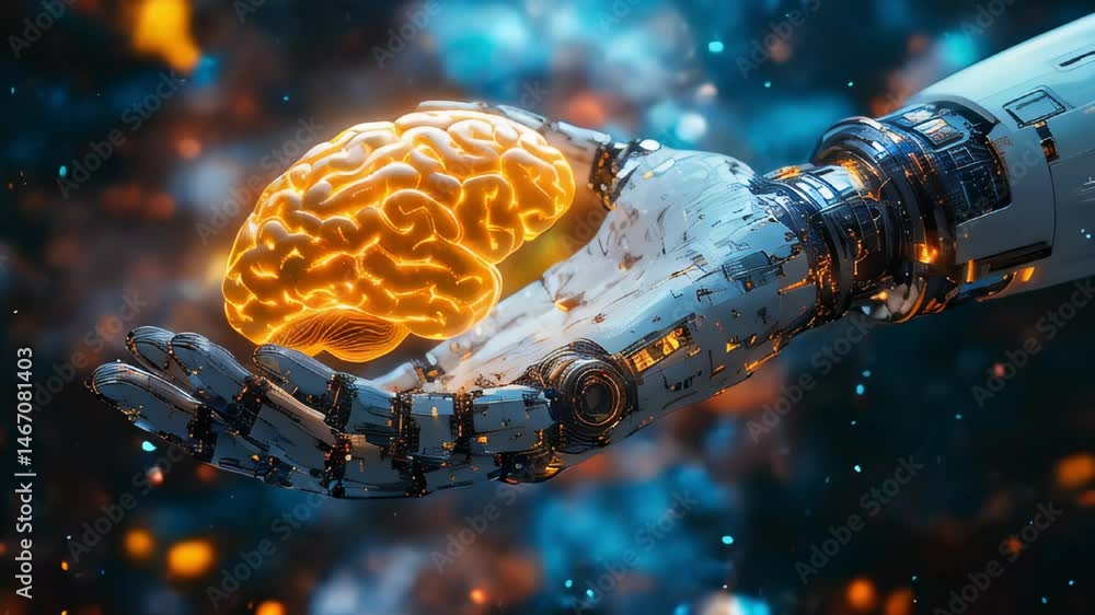 Aufkleber a robotic arm holds a glowing brain in the palm of its hand. the background is outer space with nebu