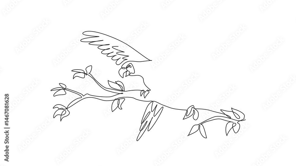 Poster self drawing animation of single continuous line drawing of adorable parrot bird perched at tree bra