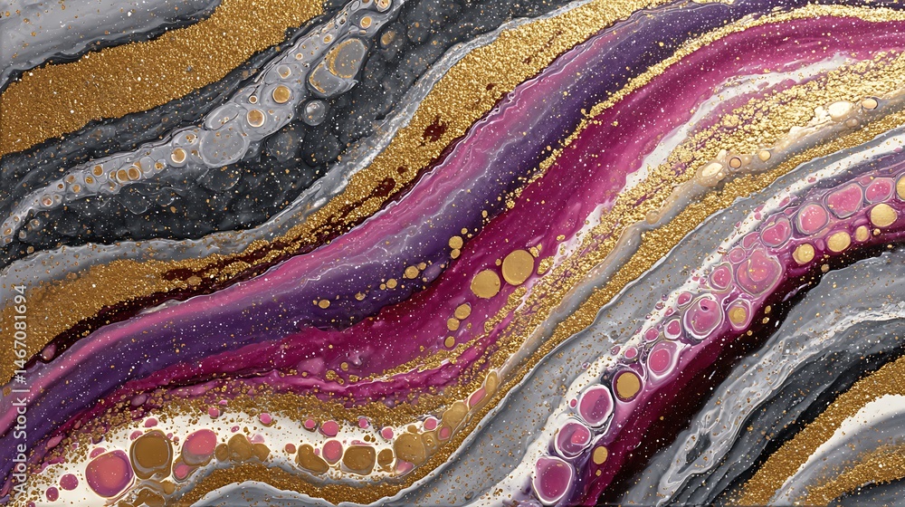 Poster lush patterns of bold tones, curving metallic stripes, and effervescent dabs of color characterize t