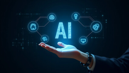 Hand Holding Digital AI Interface with Futuristic Technology Icons