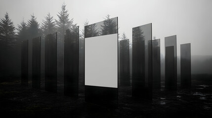 A misty forest scene with a central, blank, rectangular glass panel surrounded by similar, dark, opaque panels
