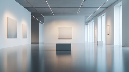 Modern gallery interior with blank artwork.