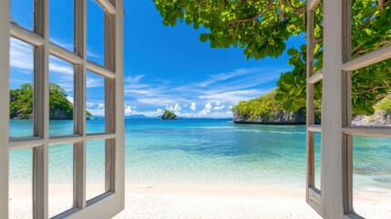 Dreamy island beach view with blue skies seen through a classic window frame