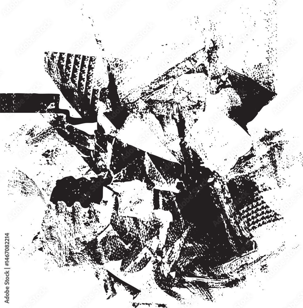 Poster fragmented black and white abstract shapes collide in a dynamic composition.