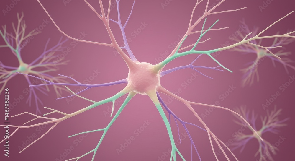 Poster microscopic view of pastel-colored neurons interconnected in a neural network
