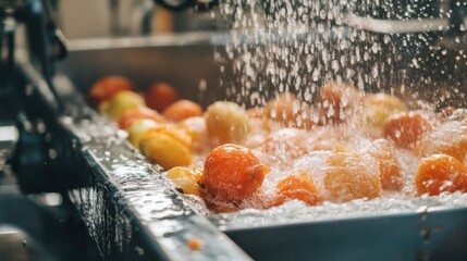 Ripe oranges being washed in a water spray at a processing plant.