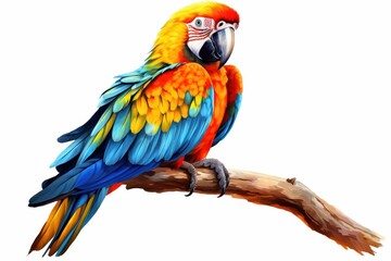 Fototapeta premium Vibrant Scarlet Macaw perched on a branch showcasing its iridescent plumage against a white backdrop