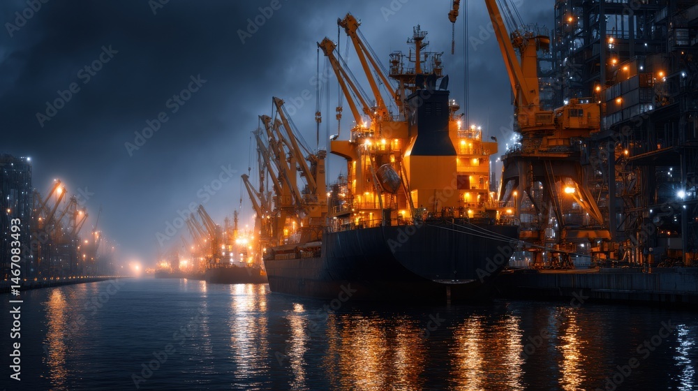 Poster a large ship is docked at a port with many cranes in the background