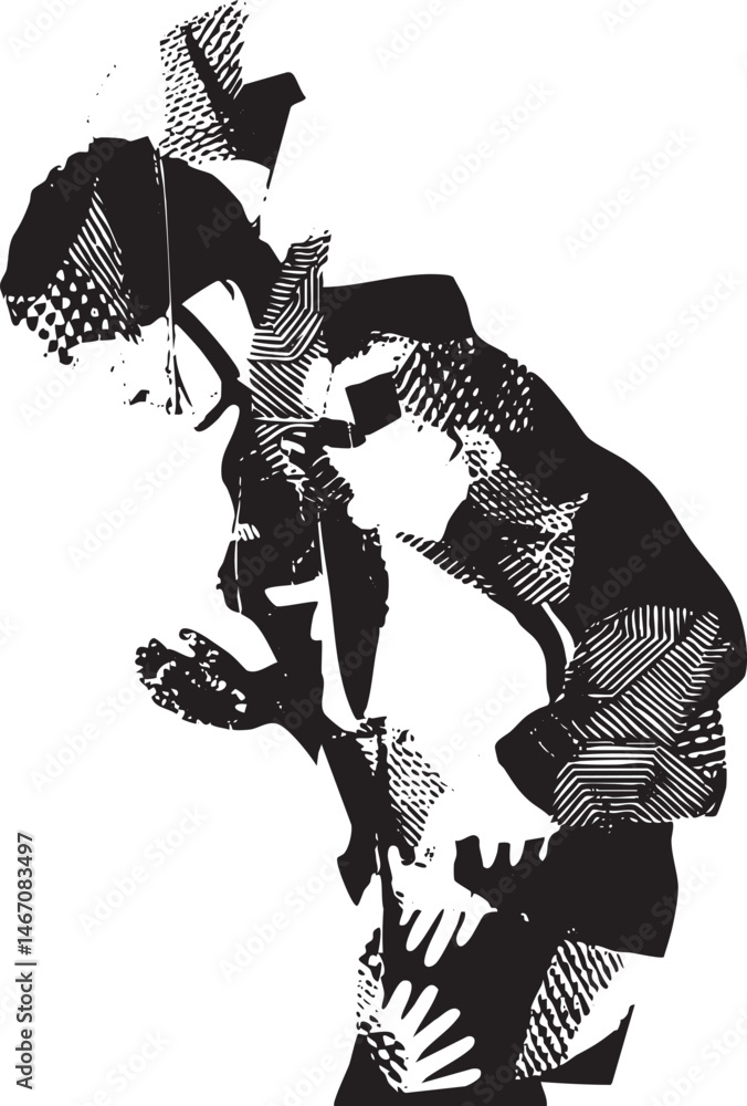 Poster a person embraces another figure in a dynamic angular pose.