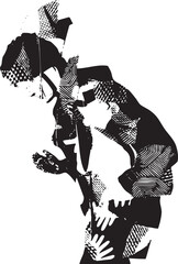 A person embraces another figure in a dynamic angular pose.