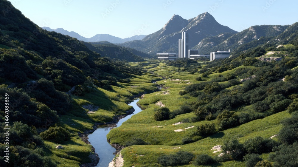 Poster a river runs through a lush green valley with a mountain range in the background