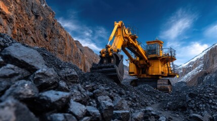Obraz premium A large yellow excavator is digging through a mountain of rocks