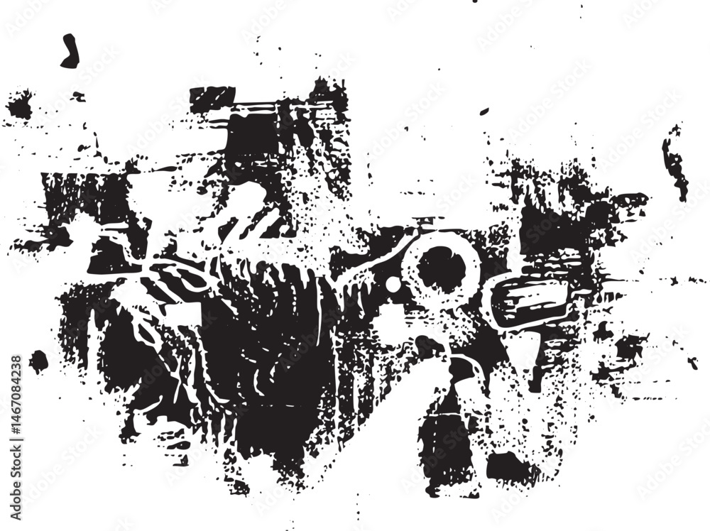 Poster a chaotic collection of abstract shapes and forms in grayscale.