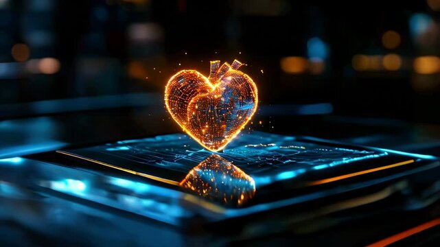 A glowing heart in the form of a complex grid of fiery dots, which seems to hover over an electronic circuit board illuminated by a blue contour.	