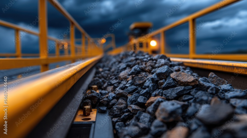 Poster a train track with a pile of rocks on it