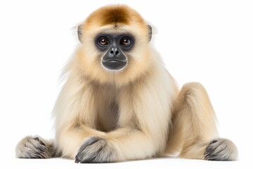 Fototapeta premium Gentle Golden Gibbon Serene Pose Against White Background Captivating Gaze Studio Shot