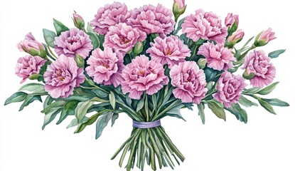 Delicate bouquet of light pink carnations, with green foliage, tied with ribbon