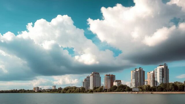 Timelapse of moody clouds rolling over urban skyline at daytime