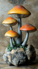 A cluster of four vibrant orange and yellow mushrooms sprout from a textured rock base, evoking a fantasy forest scene