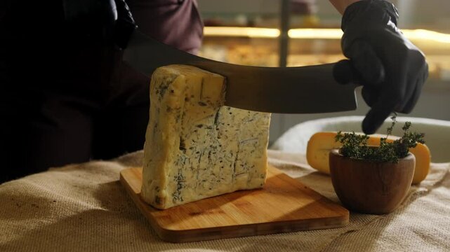 A cheesemaker slowly cuts a large wheel of Stilton cheese into several pieces with a large knife.Hand-ripened cheese being sliced ​​in a cheese manufactory, cheese mold, gourmet food.
