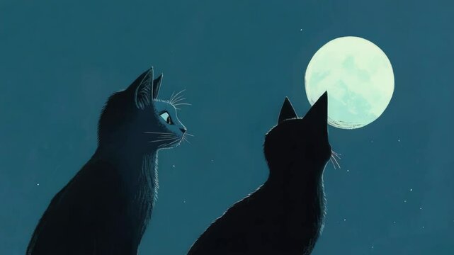 Two black cats gaze at full moon under starry night sky, illustrating serenity and mystery, evoking blue monday's concept of emotional reflection