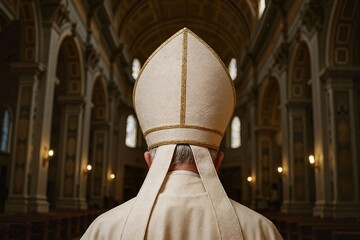 Pope with his back turned entering the church