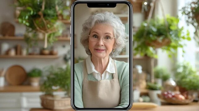 Happy Senior Woman Making a Video Call on Her Phone While in the Kitchen