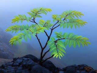 Obraz premium Serene Young Tree Growing on Volcanic Rock Misty Mountain Landscape