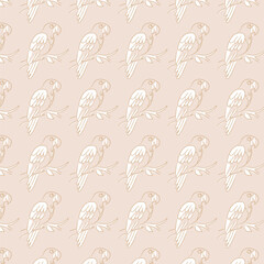 Colorful Cartoon Parrots, Flowers, and Leaves on White Background