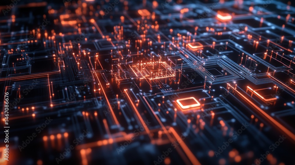 Poster abstract glowing circuit board with central processor. (1)