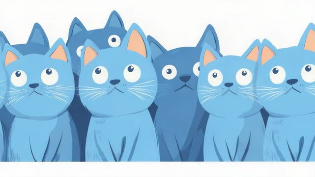 Group of blue cats with varied expressions against white background signifying blue monday sadness