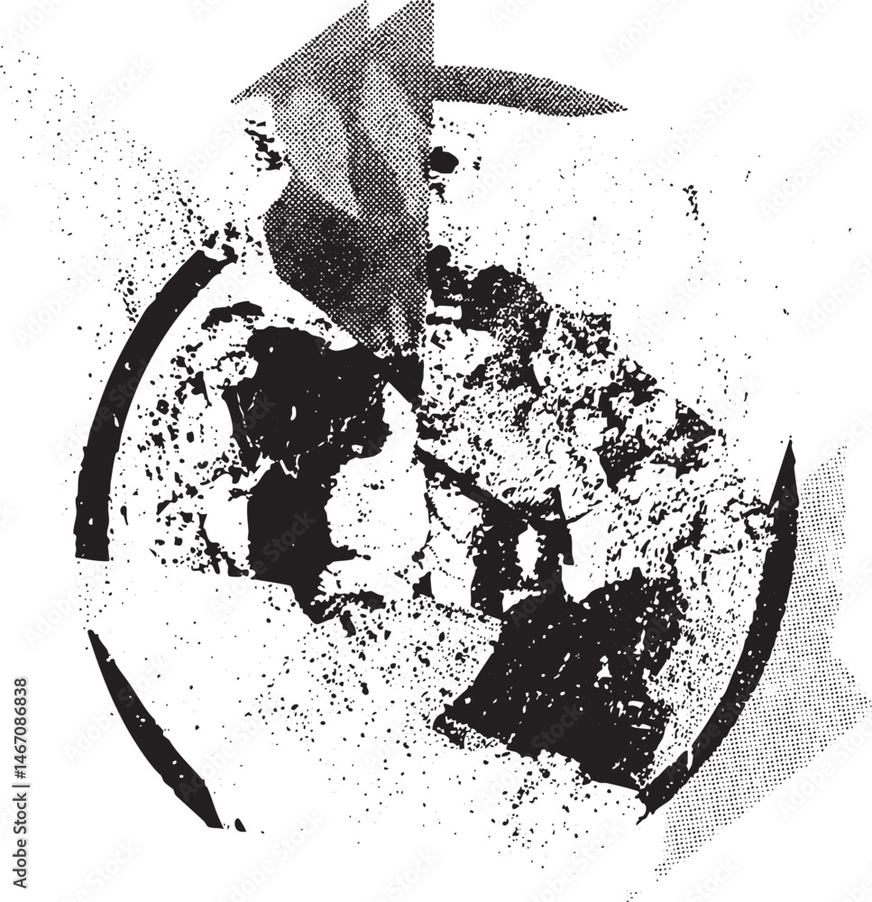 Poster a textured fragmented circle dominates the with a sharp diagonal element.