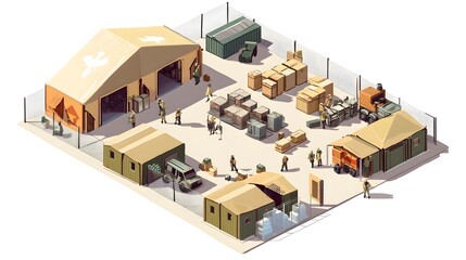 Fototapeta premium Isometric view of a humanitarian aid center in operation