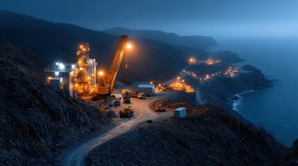 Fototapeta premium A large construction site with a crane and a lot of trucks