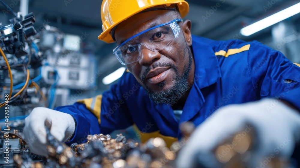 Poster a man in a blue and yellow uniform is working on a machine