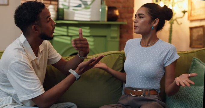 Couple, living room and fight with argument, stress and drama at home or apartment. Frustrated, woman and man with upset, angry and dispute with toxic marriage and mistake or crisis with partner
