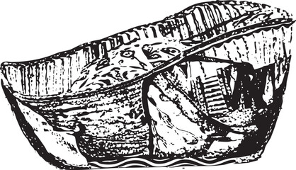 A detailed black and white depicts a shallow wooden bowl resting upon a textured undulating surface.