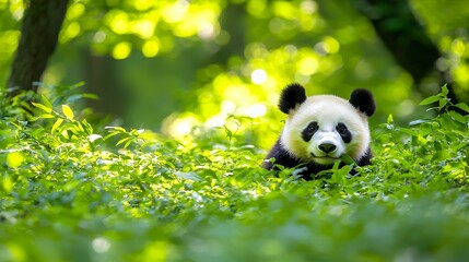 Fototapeta premium Playful Panda in Lush Green Forest Surrounded by Vegetation
