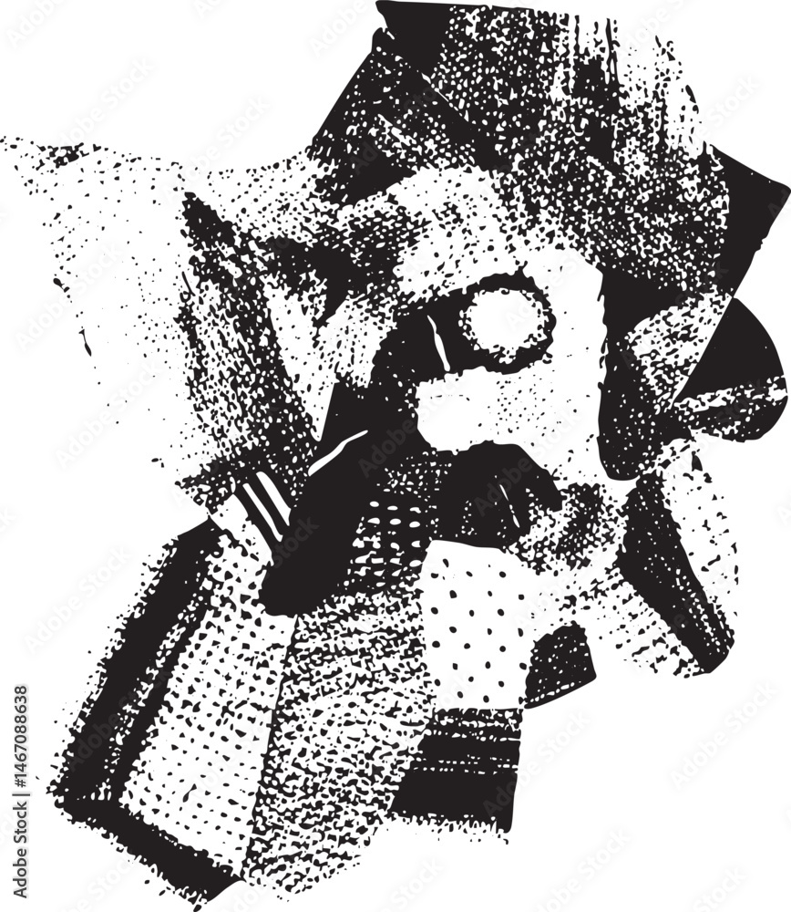 Poster a grayscale portrait of a face with fragmented geometric shapes.