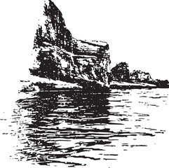 Obraz premium A rugged rock formation reflects in a calm body of water.