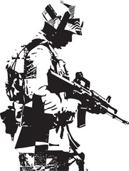 A silhouetted soldier stands with an assault rifle.