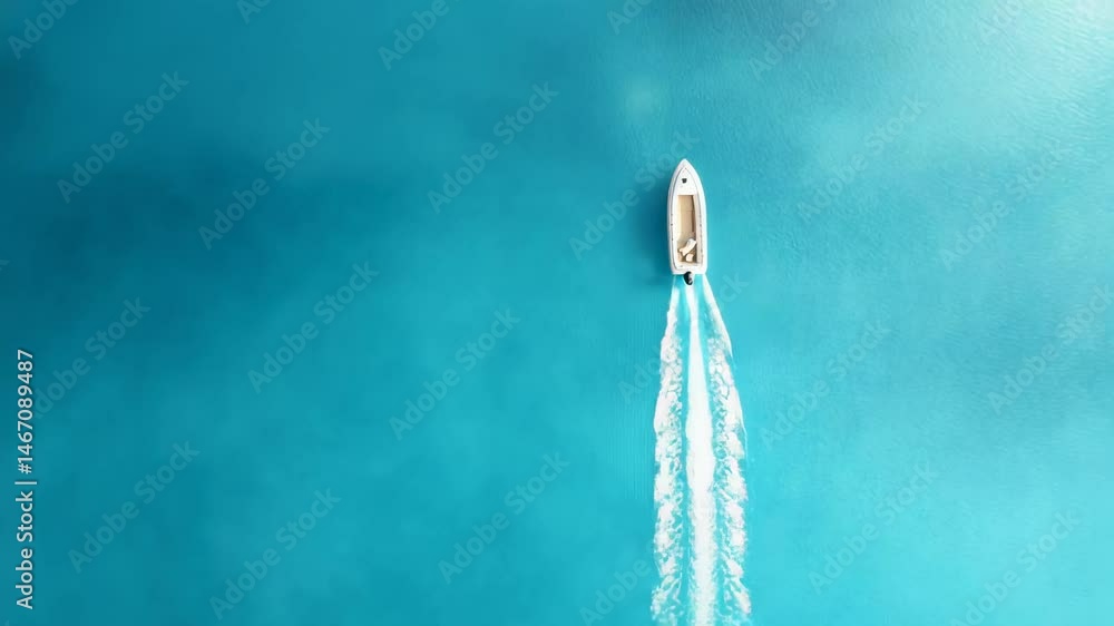 Poster aerial view of a white motorboat sailing on turquoise water, leaving a white trail of foam behind it